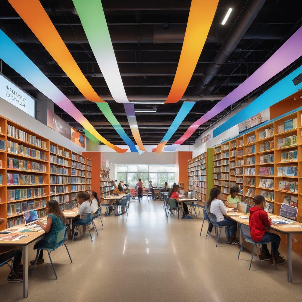 A vibrant community library filled with diverse people of all ages engaged in various activities like reading, participating in workshops, and attending events. Visual elements such as books, colorful banners, and interactive displays create a lively atmosphere. Include illustrations of technology being used for digital literacy and smiling faces connecting through stories. super-realistic. vibrant colors. open space.