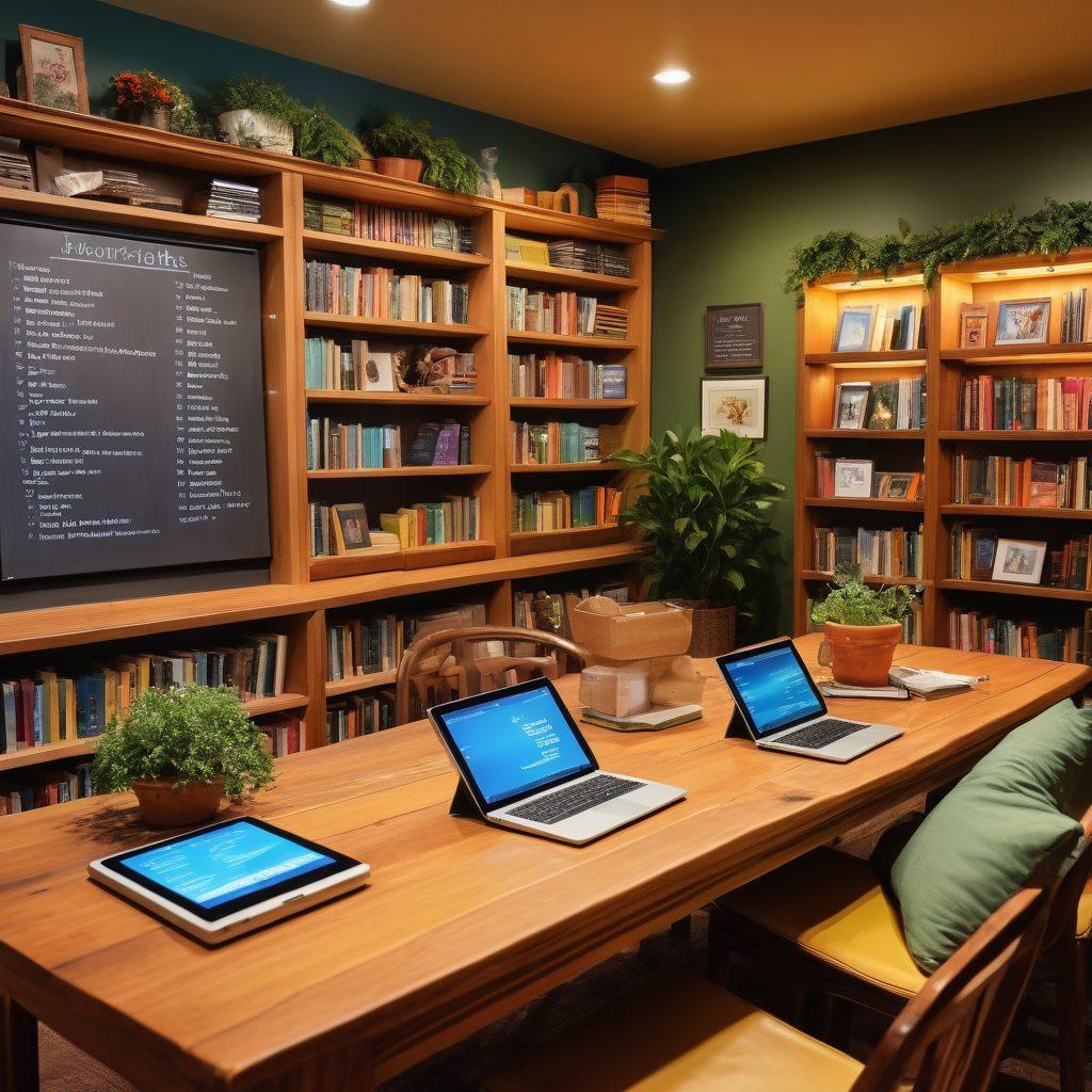 A cozy library setting featuring diverse groups of people in a vibrant book club discussion, surrounded by colorful stacks of books and digital tablets. Incorporate elements of technology like laptops and e-readers resting on a wooden table, with warm lighting illuminating the scene. A chalkboard in the background showcases a schedule of educational programs and workshops. Add some greenery for a refreshing touch. super-realistic. vibrant colors. warm lighting.