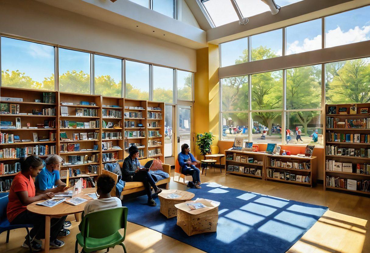 A vibrant community library filled with people of diverse ages and backgrounds engaging with various resources like books, computers, and brochures. Colorful banners display upcoming events and literacy programs, while a cozy reading nook invites visitors to explore. Sunlight pours through large windows, creating a warm and inviting atmosphere. artistic illustration. vibrant colors. super-realistic.